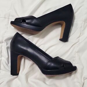 Clarks Shoes Womens Jenness Cloud Black Leather Dress Peep Toe Pump Heels